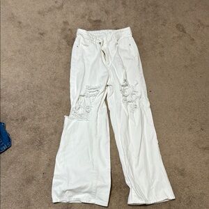 White Distressed Wide-Leg Pants
